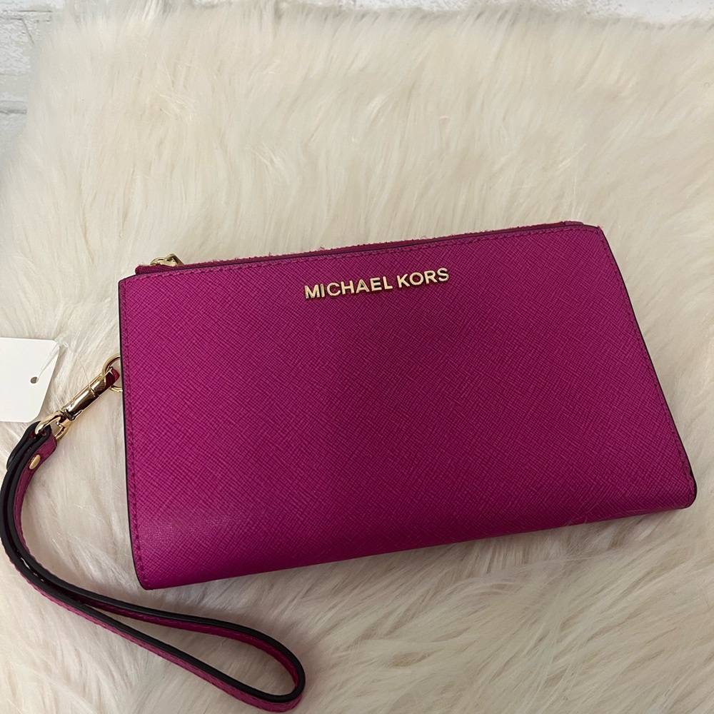 Michael Kors Adele Saffiano Leather Pink Phone Case Wallet Wristlet - Picture 3 of 7